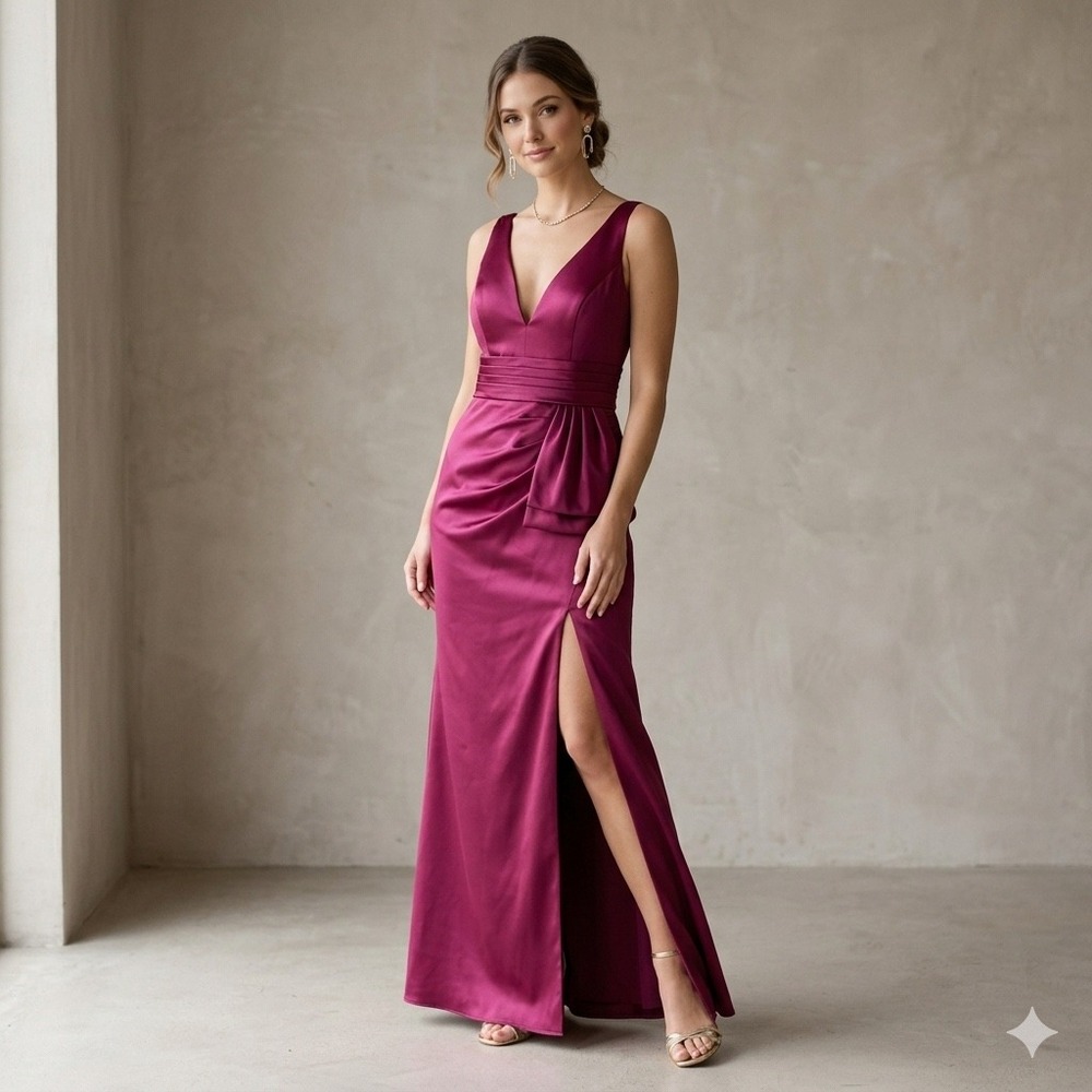 Galina Signature Gown 12 fuchsia Satin V-Neck Slit Formal Old Hollywood‎ Glam